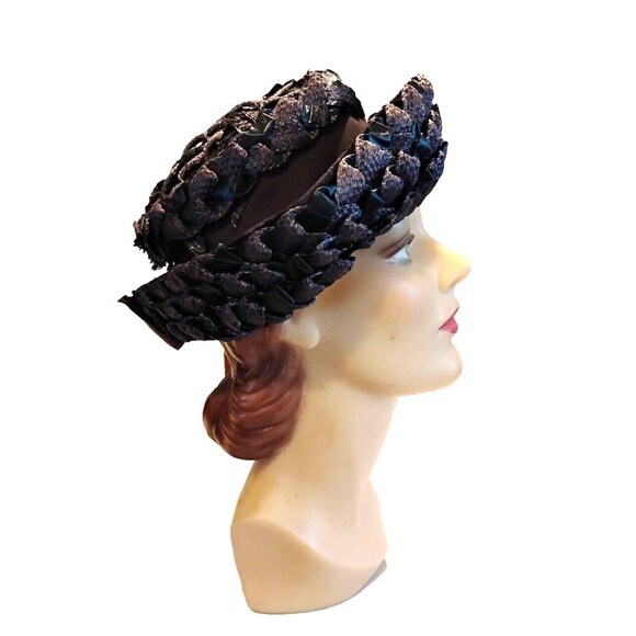 1960s Vintage Navy Blue Breton Hat, Woven Cellophane Straw - Picture 1 of 5